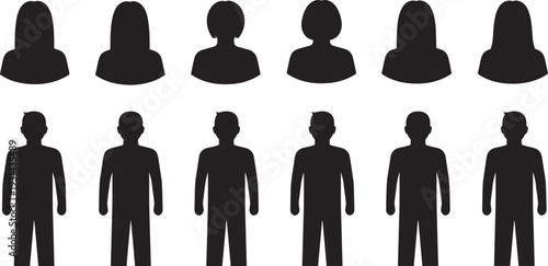 Silhouette collection of twelve human figures arranged in rows, representing male and female categories, showcasing demographic diversity, gender representation, and statistical illustration design