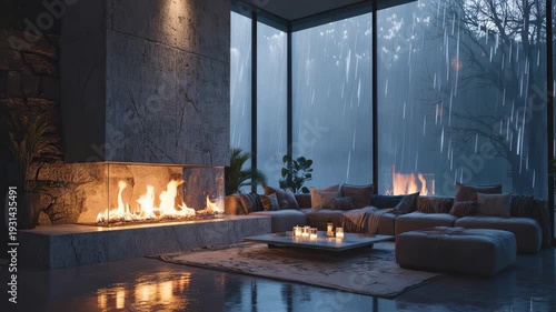 Modern living room with fireplace and large windows during a rainy evening, creating an endless looped atmosphere