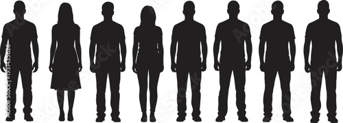 Silhouette group of diverse men and women standing side by side, representing gender balance, demographic diversity, equality, teamwork, and social representation in modern visual design