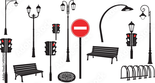 Silhouette collection of urban street elements including lamps, traffic lights, benches, bike racks, manhole cover, and road signs, showcasing city infrastructure and public space design