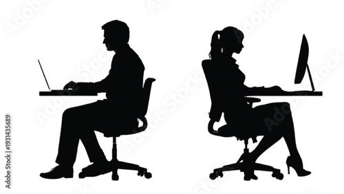 Office worker sitting desk silhouettes corporate workplace concept