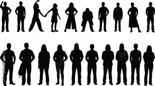 Silhouette of diverse group of people standing in two rows