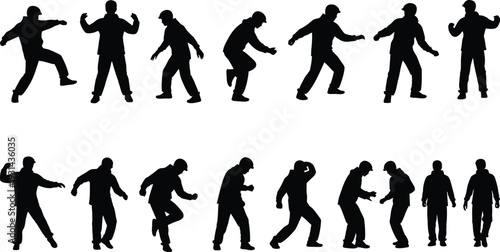 Silhouette of various men dancing in different poses in two rows