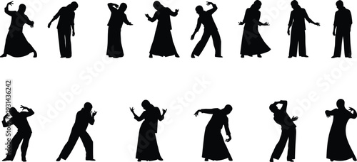 Silhouette of couples dancing in various poses and positions silhouette