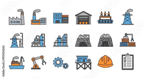 Collection of Industrial Factory and Manufacturing Icons.