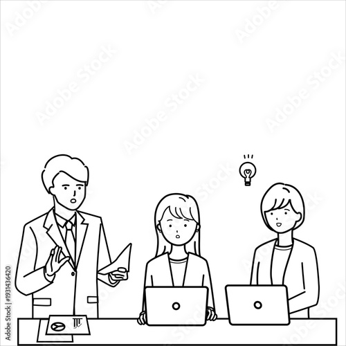 線画の会議中に説明途中で一人アイデアがひらめくビジネスシーンのイラスト
