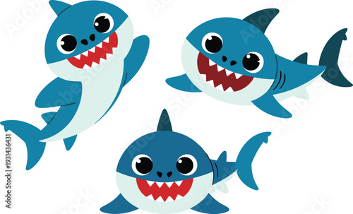 Three cartoon sharks with big toothy grins swimming in blue and white
