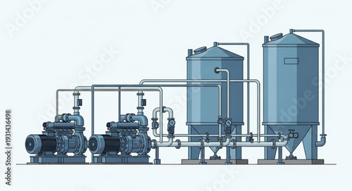 Industrial water treatment plant with pumps and tanks.