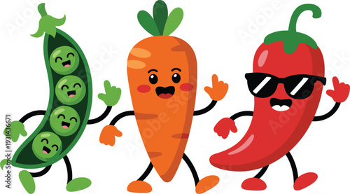 Three anthropomorphic vegetables dancing with arms raised
