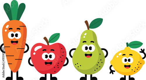 Colorful cartoon fruits and vegetables with faces standing together