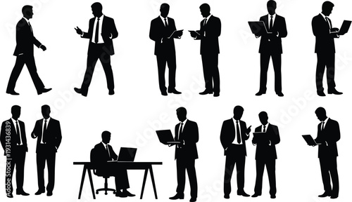 Silhouette of businessmen in various professional poses and activities silhouette