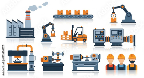 Industrial factory equipment and machinery illustration set.
