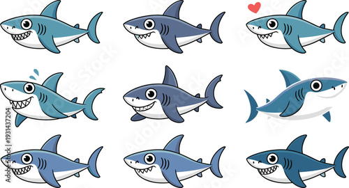 Ten cartoon sharks with different facial expressions and colors