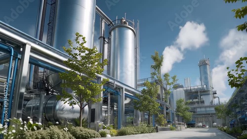 Modern hydrogen production facility with tall tanks and industrial equipment under clear sky
