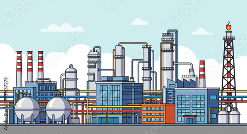 Modern industrial factory complex with tall structures and pipelines.