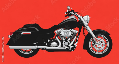 Black Cruiser Motorcycle Side View on Red Background.