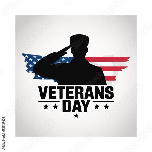 Silhouette of a saluting soldier with an american flag and veterans day text