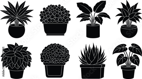 Indoor potted plant icons set featuring succulent foliage houseplant decorative vector silhouette collection isolated black illustrations
