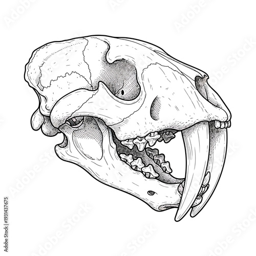 "Saber Tooth Cat Skull Illustration – Detailed Prehistoric Animal Skull, Black and White, Paleontology Vector Art"

