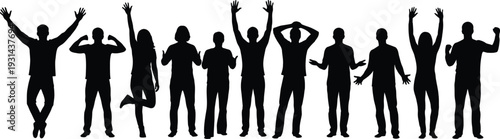 Silhouette of a group of people celebrating with raised arms in unison