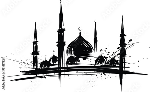 print Islamic Architecture Ink Illustration, Abstract Islamic Architecture Ink Illustration, vector, illustration, silhouette.