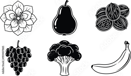 Fruit and vegetable illustration set featuring pear grapes banana broccoli walnut blossom black white vector collection isolated