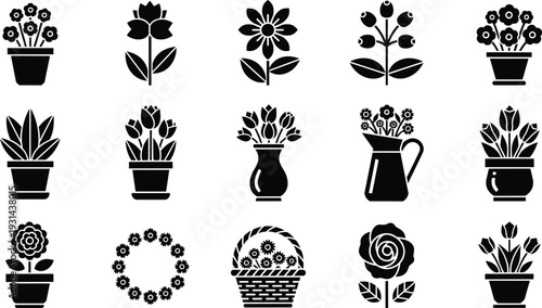 Flower pot and bouquet icons set featuring rose tulip daisy floral arrangement black silhouette vector collection isolated