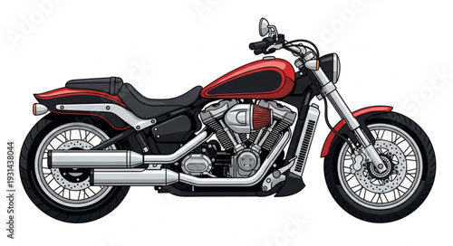 Classic Red Motorcycle Side View Isolated on White.