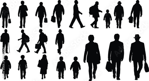 Collection of various human silhouette figures walking and standing in different poses