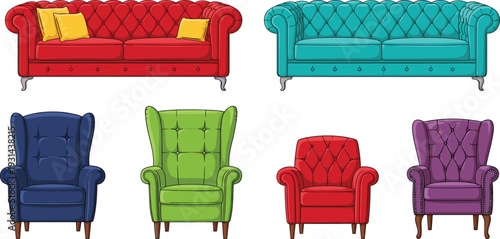 Colorful furniture set including chesterfield sofas and wingback armchairs, red teal blue green and purple upholstery icons for interior design,