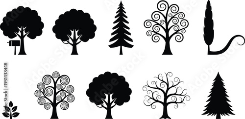 Decorative tree silhouettes set featuring oak pine cypress swirl branches forest vector illustration collection isolated black icons