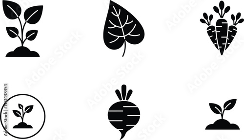 Garden vegetable and leaf icons set featuring carrot beet sprout black silhouette vector collection organic farming illustration