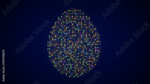 Abstract easter egg shape made of blinking colorful dots on a dark blue background