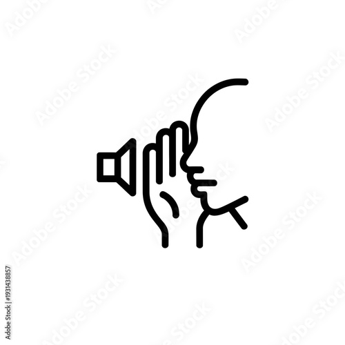 A hand covering a person's mouth next to a megaphone