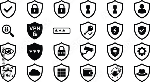 Security shield icon set, privacy protection lock VPN password key fingerprint camera surveillance vector illustration seamless pattern background design