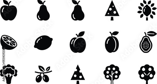 Fruit and vegetable icon set featuring apple pear lemon peach fig olive broccoli tree black silhouette vector collection