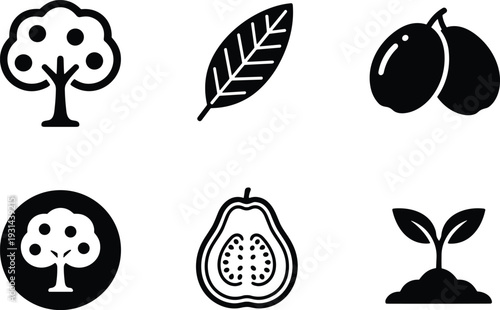 Fruit and tree icons set featuring apple tree leaf olives fig sprout black silhouette vector collection isolated illustration