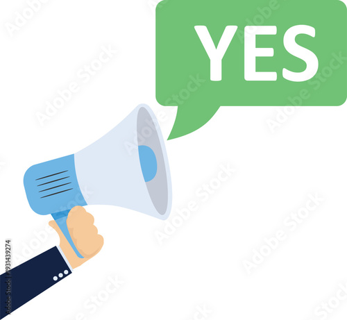 Speech bubble with megaphone, message, text yes. Megaphone announcement with trendy color shapes. Yes word, ok. stock illustration

