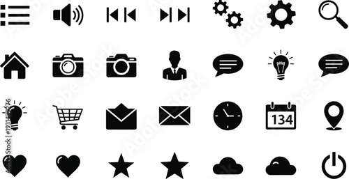 Solid black glyph icons set with menu sound media controls gear home camera user chat bulb cart email clock calendar location heart star cloud power