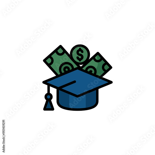 A blue graduation cap with money and dollar bills