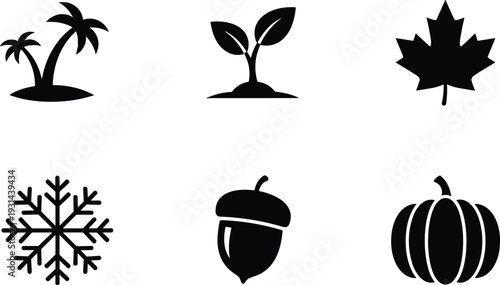 Seasonal nature icons set featuring palm trees sprout maple leaf snowflake acorn pumpkin silhouette vector illustration collection isolated black symbols