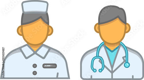Icon faceless illustration of a male doctor with stethoscope and a female nurse. Perfect for depicting medical teams and staff collaboration.