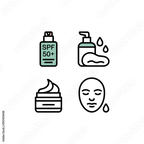 A set of skincare product icons for healthy skin care
