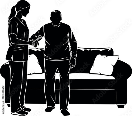 Caregiver assisting elderly man to stand from sofa, geriatric nurse support silhouette, patient mobility assistance, home healthcare service.