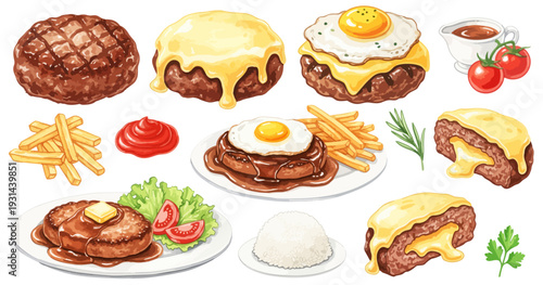 ハンバーグのイラストセット（チーズ・目玉焼き・付け合わせ・ライス）,洋食,メニュー,手描き風