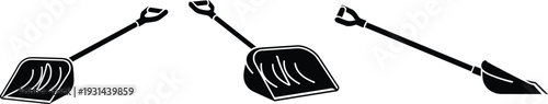 Snow shovel icons set with ergonomic handle and wide blade, winter removal tool vector silhouette isolated background
