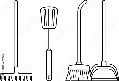Outline cleaning tools set with rake spatula broom and dustpan, household and garden equipment line vector illustration