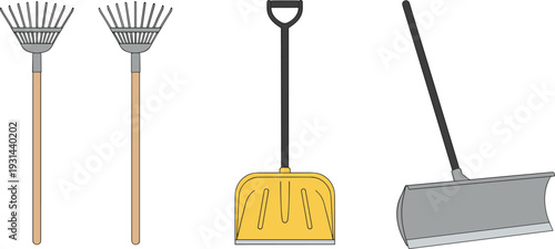 Garden rake and snow shovel tools set, leaf rake plastic shovel and pusher vector illustration isolated background