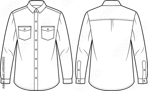 Mens long sleeve western shirt technical flat sketch, front and back view outline template, apparel CAD drawing vector
