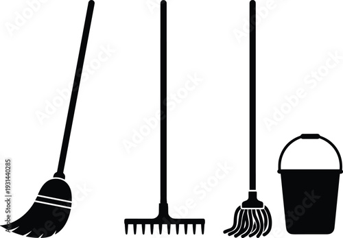 Cleaning and gardening tools icons set with broom rake mop and bucket, household equipment vector illustration isolated background